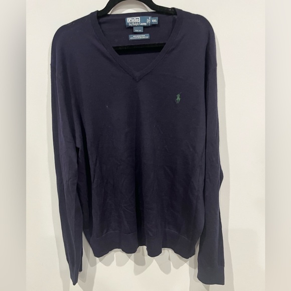 Polo Ralph Lauren Men's Blue Green Pony V-Neck Merino Wool Slim Fit Sweater XXL - Picture 1 of 3
